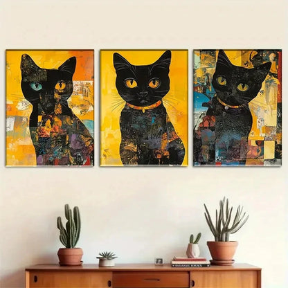 3pcs Artistic Abstract Black Cat Portrait Metal Print Ready to Hang Art - Bella Home Decor