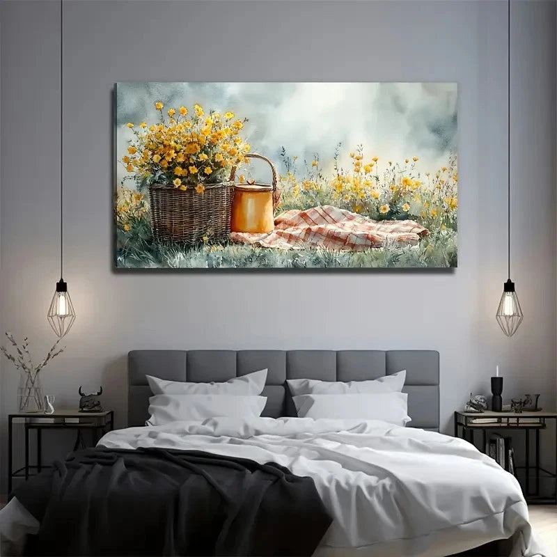 Yellow Flowers In The Meadow Wall Art Canvas Office Home Room Framed 120x60cm