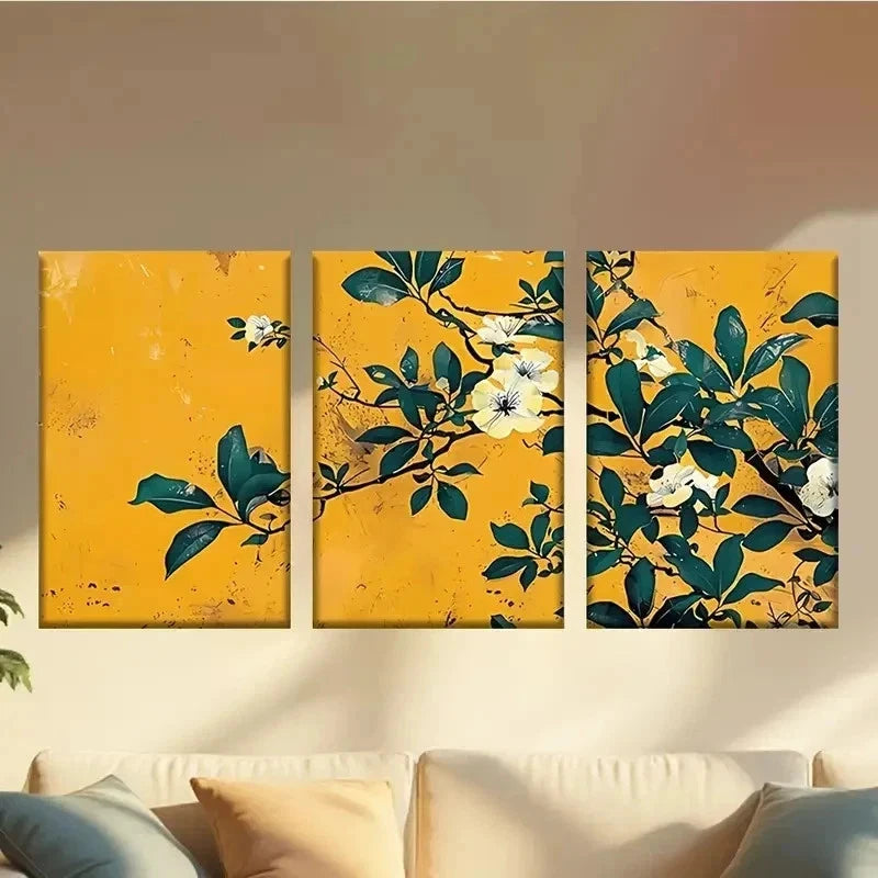 3pcs a Painting of Flowers on a Yellow Abstract Wall Art Set Canvas Framed 40x60cm - High Quality Print 100% Australian Made Wall Canvas Ready to Hang - Bella Home Decor