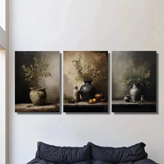 3pcs ,vintage still life art, vintage olive plant Metal Print Ready to Hang Art