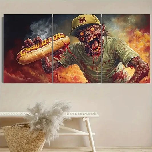 3pcs Scary Demon Having a Hot Dog Design Metal Print Ready to Hang Art