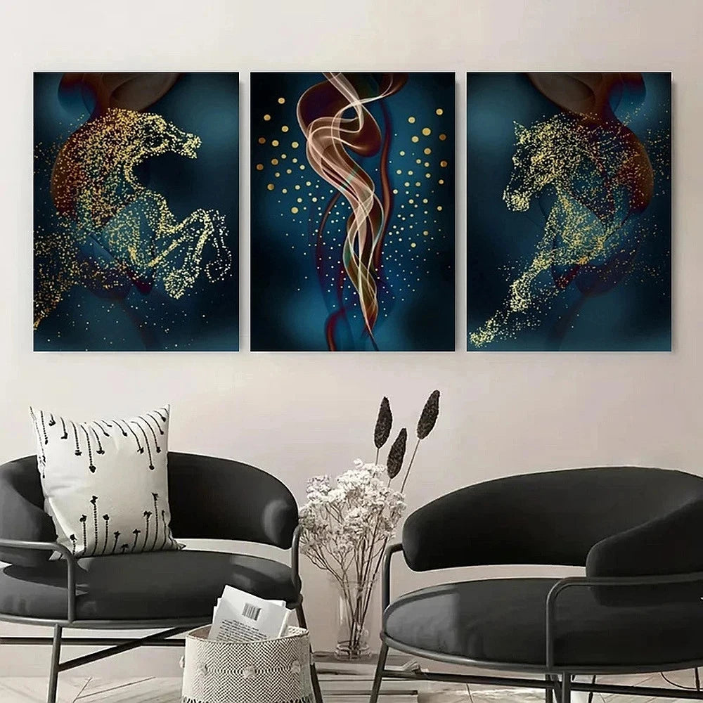 3pcs Golden Horse Abstract Luxury Modern Smoke Metal Print Ready to Hang Art - Bella Home Decor
