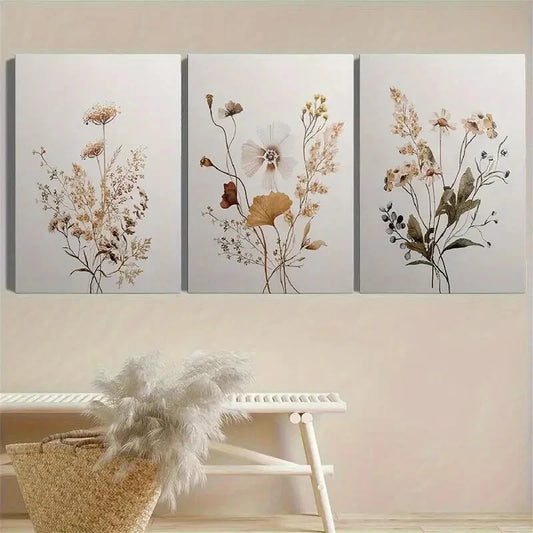 3pcs Elegant Botanical with Golden-Hued Flowers Metal Print Ready to Hang Art