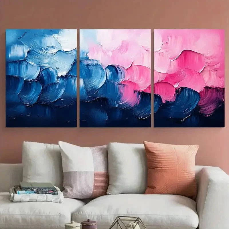 3pcs Abstract Blue Pink Brushstroke Design Wall Art Set Canvas Framed 40x60cm - High Quality Print 100% Australian Made Wall Canvas Ready to Hang