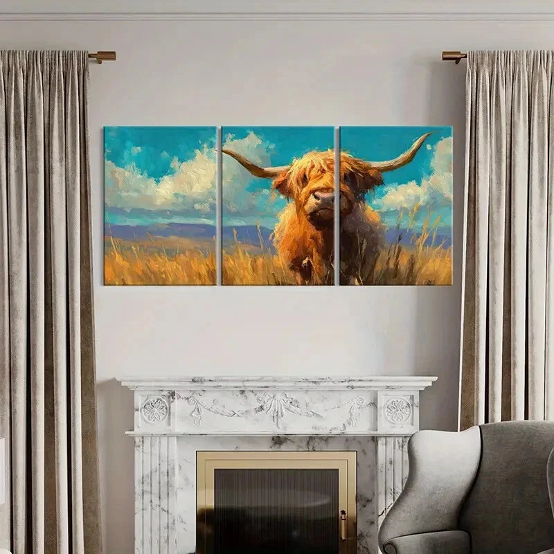 3pcs Highland Cow Art Landscape Painting Metal Print Ready to Hang Art - Bella Home Decor