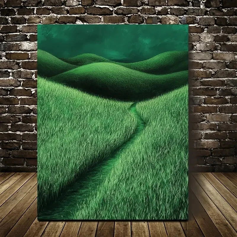 Emerald Thatch Grass Meadow Landscape Painting 40x60cm Metal Print Ready to Hang - Bella Home Decor
