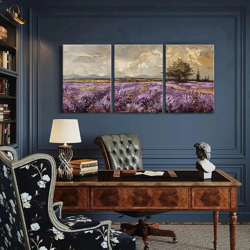 3pcs Abstract Landscape Painting Purple Fields Metal Print Ready to Hang Art - Bella Home Decor