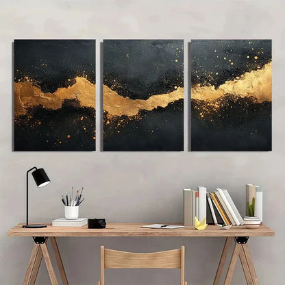 3pcs Abstract Black And Golden Splatter Texture Wall Art Set Canvas Unframed - High Quality Print 100% Australian Made Wall Canvas - Bella Home Decor