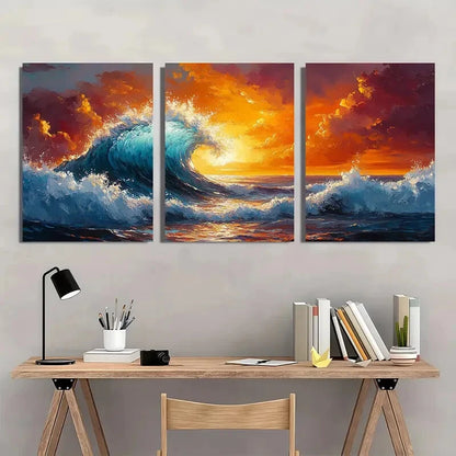 3pcs Vibrant Sunset Ocean Wave Oil Paintings Metal Print Ready to Hang Art - Bella Home Decor