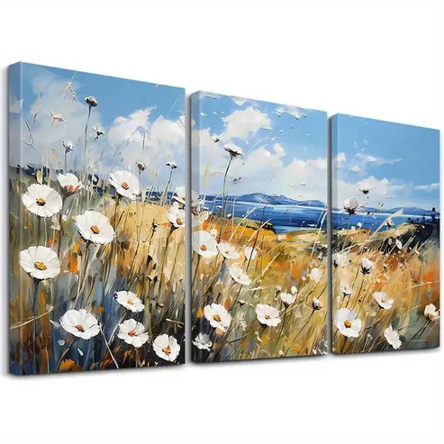 3pcs Modern Vibrant Coastal Wildflower Art Set Canvas Unframed - High Quality Print 100% Australian Made Wall Canvas