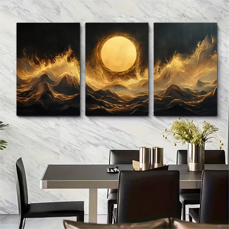 3pcs Abstract Neutral Wavy Lines Metal Print Ready to Hang Art - Bella Home Decor