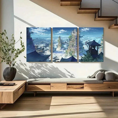 3pcs Japanese Anime Landscape Game Scene Wall Art Set Canvas Framed 60x90cm - High Quality Print 100% Australian Made Wall Canvas Ready to Hang
