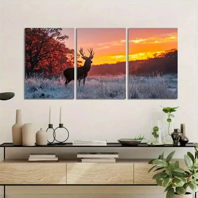 3pcs Deer with Antlers in Forest Light Painting Metal Print Ready to Hang Art - Bella Home Decor