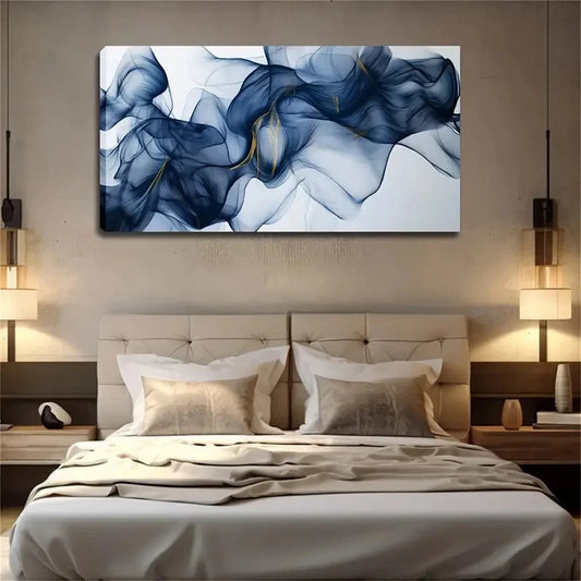 Blue Lines Like Flowing Smoke Wall Art Canvas Office Home Room Framed 120x60cm