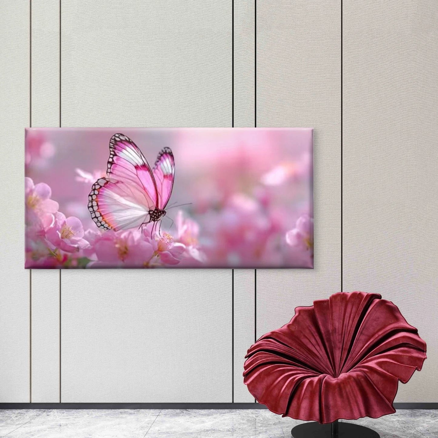 Soft Pink Butterfly & Cherry Wall Art Canvas Office Home Room Framed 120x60cm - Bella Home Decor