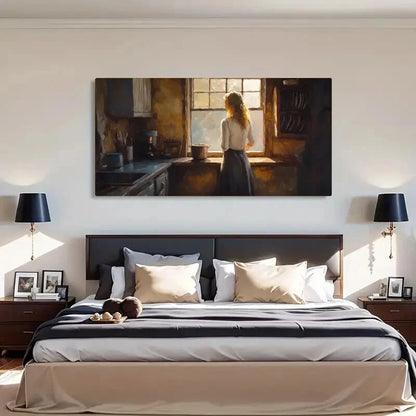Serene Kitchen Scene Woman Wall Art Canvas Office Home Room Framed 120x60cm - Bella Home Decor