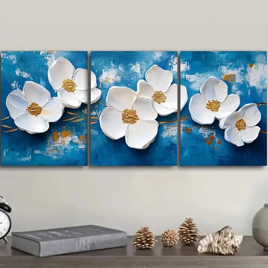 3pcs White flowers on a blue background Metal Print Ready to Hang Art