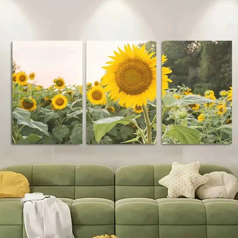 3pcs Vibrant Yellow Sunflowers with Green Leaves Metal Print Ready to Hang Art
