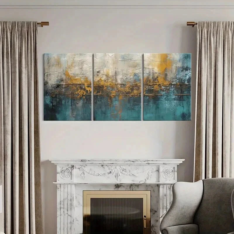 3pcs Abstract Modern Design Blue Yellow Palette Metal Print Ready to Hang Art - Bella Home Decor