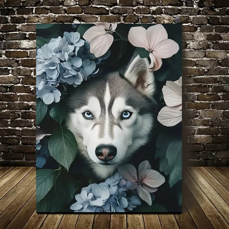 Beautiful Flowers And Plants Cute Husky Dog Painting 40x60cm Metal Print Ready to Hang - Bella Home Decor