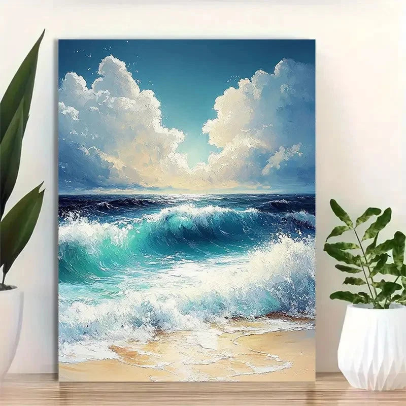 Beautiful Ocean Waves & Clouds Painting 40x60cm Metal Print Ready to Hang