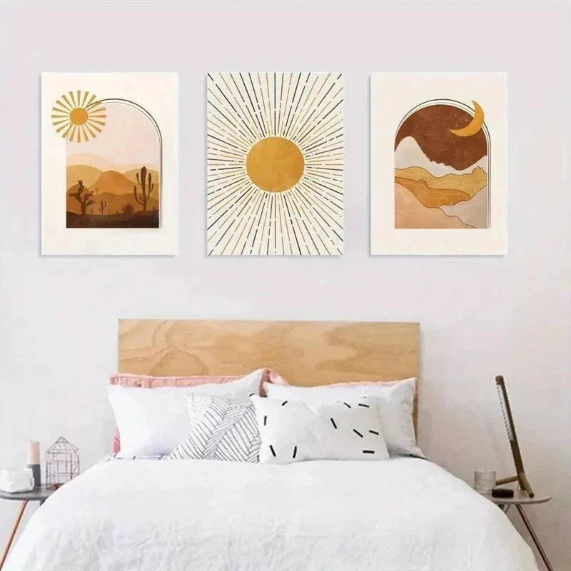 3pcs Western Desert Sun Moon Modern Perfect Wall Art Set Canvas Framed 60x90cm - High Quality Print 100% Australian Made Wall Canvas Ready to Hang