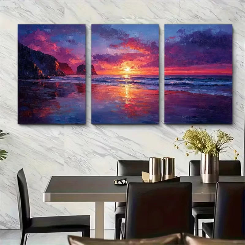 3pcs Cannon Beach Sunset Seascape Oil Painting Metal Print Ready to Hang Art - Bella Home Decor