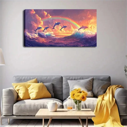 Vibrant Dolphins Leaping Under Wall Art Canvas Office Home Room Framed 120x60cm - Bella Home Decor