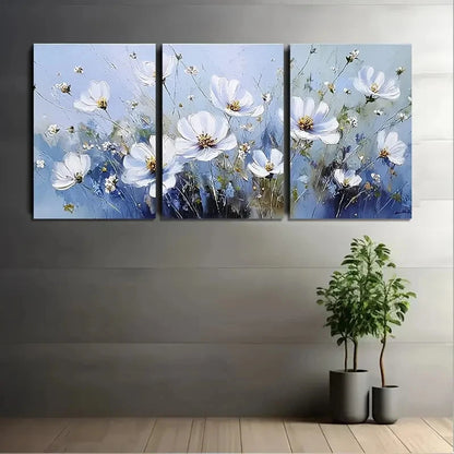 3pcs Soft White Flowers In Blue Wall Art Set Canvas Framed 40x60cm - High Quality Print 100% Australian Made Wall Canvas Ready to Hang