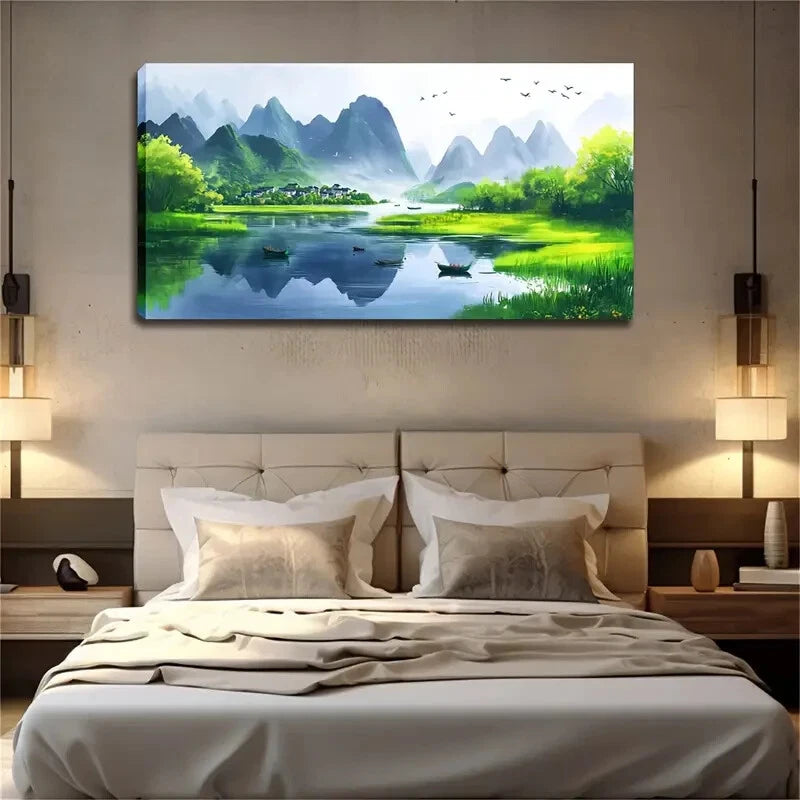 Green Grass Trees Village Wall Art Canvas Office Home Room Framed 120x60cm - Bella Home Decor