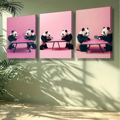 3pcs Adorable Panda Playing Table Tennis Wall Art Canvas Unframed - High Quality Print 100% Australian Made Wall Canvas - Bella Home Decor