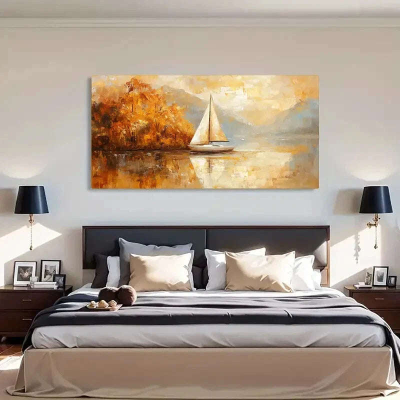 Autumn Sailboat Landscape Wall Art Canvas Office Home Room Framed 120x60cm - Bella Home Decor