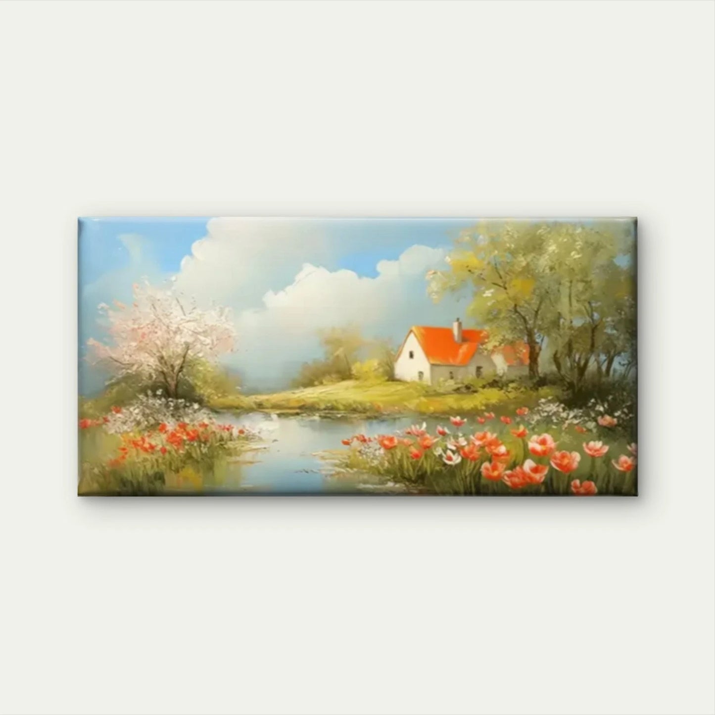House Flowers Field Lake Wall Art Canvas Office Home Room Framed 120x60cm