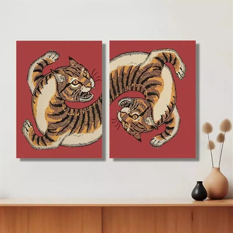 2pcs Decorative Painting, Tiger, Retro Painting Decoration Canvas Framed 50x75cm - High Quality Print 100% Australian Made Wall Canvas Ready to Hang - Bella Home Decor