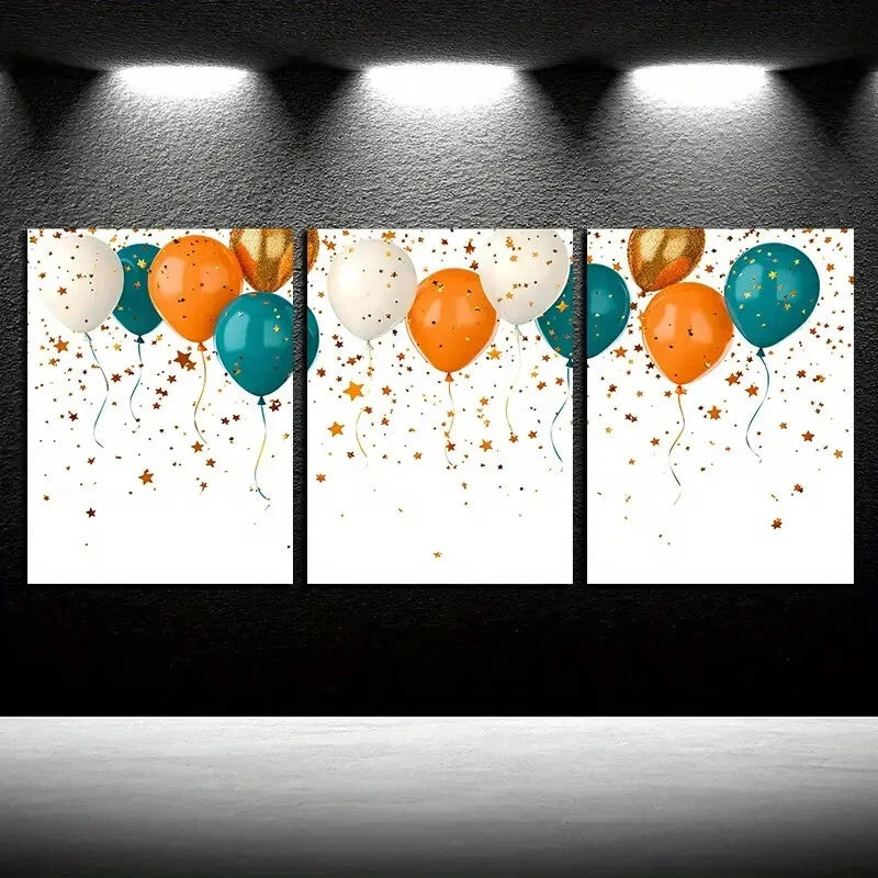 3pcs Vibrant Golden Star and Balloon Design Metal Print Ready to Hang Art - Bella Home Decor