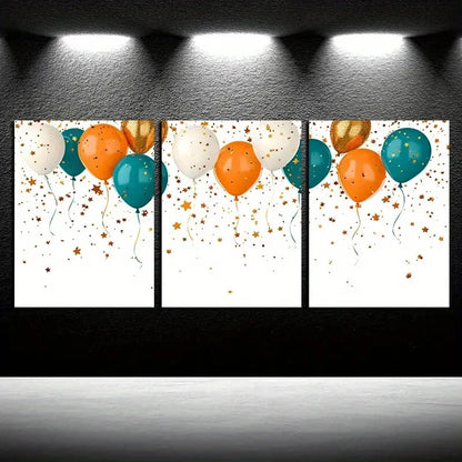 3pcs Vibrant Golden Star and Balloon Design Metal Print Ready to Hang Art - Bella Home Decor
