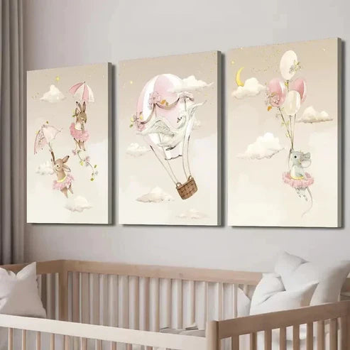 3pcs Swan Rabbit & Mouse on Hot Air Balloon Wall Art Set Canvas Unframed - High Quality Print 100% Australian Made Wall Canvas