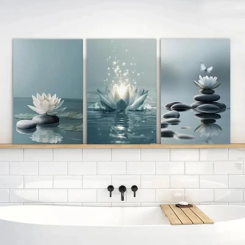 3pcs White for Lotus Blooming on Stones in Water Metal Print Ready to Hang Art - Bella Home Decor