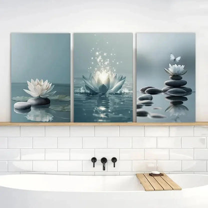 3pcs White for Lotus Blooming on Stones in Water Metal Print Ready to Hang Art - Bella Home Decor