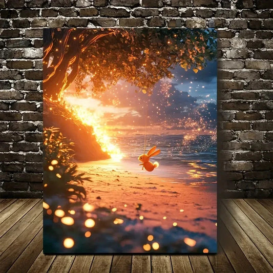 Whimsical Rabbit Swing Scene with Glowing Painting 40x60cm Metal Print Ready to Hang - Bella Home Decor