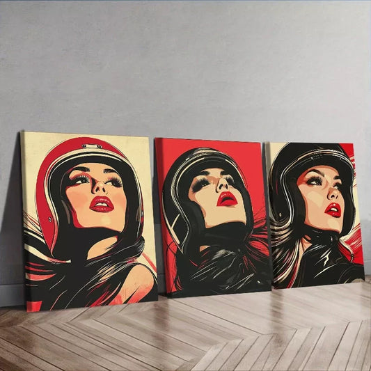 3pcs A Girl In A Bike Helmet Wall Art Set Canvas Framed 40x60cm - High Quality Print 100% Australian Made Wall Canvas Ready to Hang