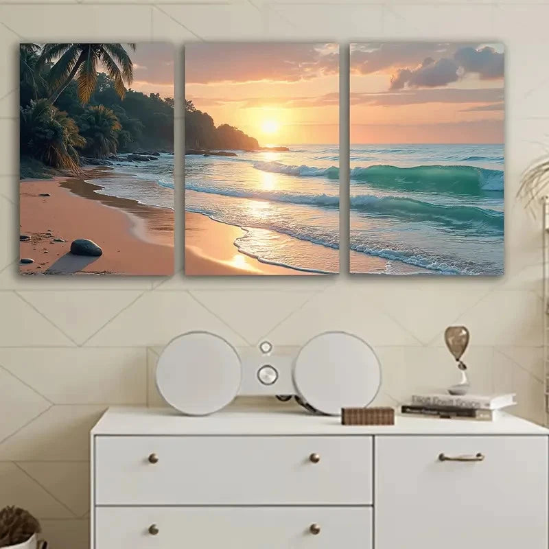 3pcs Tropical Beach Sunset Scene Wall Art Set Canvas Framed 60x90cm - High Quality Print 100% Australian Made Wall Canvas Ready to Hang