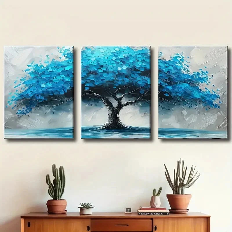 3pcs Modern Blue Tree Vintage Style Metal Print Ready to Hang Art - Bella Home Decor