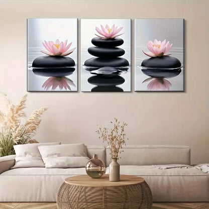 3pcs Peaceful Pink for Lotus and Zen Stone Metal Print Ready to Hang Art