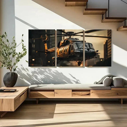 3pcs Helicopter Over Cityscape Decor Wall Art Set Canvas Framed 50x70cm - High Quality Print 100% Australian Made Wall Canvas Ready to Hang