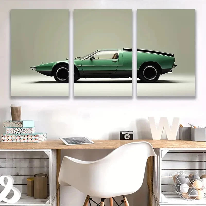 3pcs 1969 De Tomaso Mangusta Green & Black Car   Wall Art Set Canvas Framed 50x70cm - High Quality Print 100% Australian Made Wall Canvas Ready to Hang - Bella Home Decor