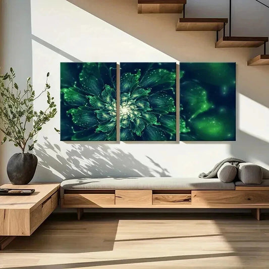3pcs Green Flowers Abstract Floral Decoration Wall Art Set Canvas Framed 60x90cm - High Quality Print 100% Australian Made Wall Canvas Ready to Hang