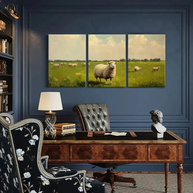 3pcs Rustic Pastoral Scene Sheep Grazing Metal Print Ready to Hang Art - Bella Home Decor
