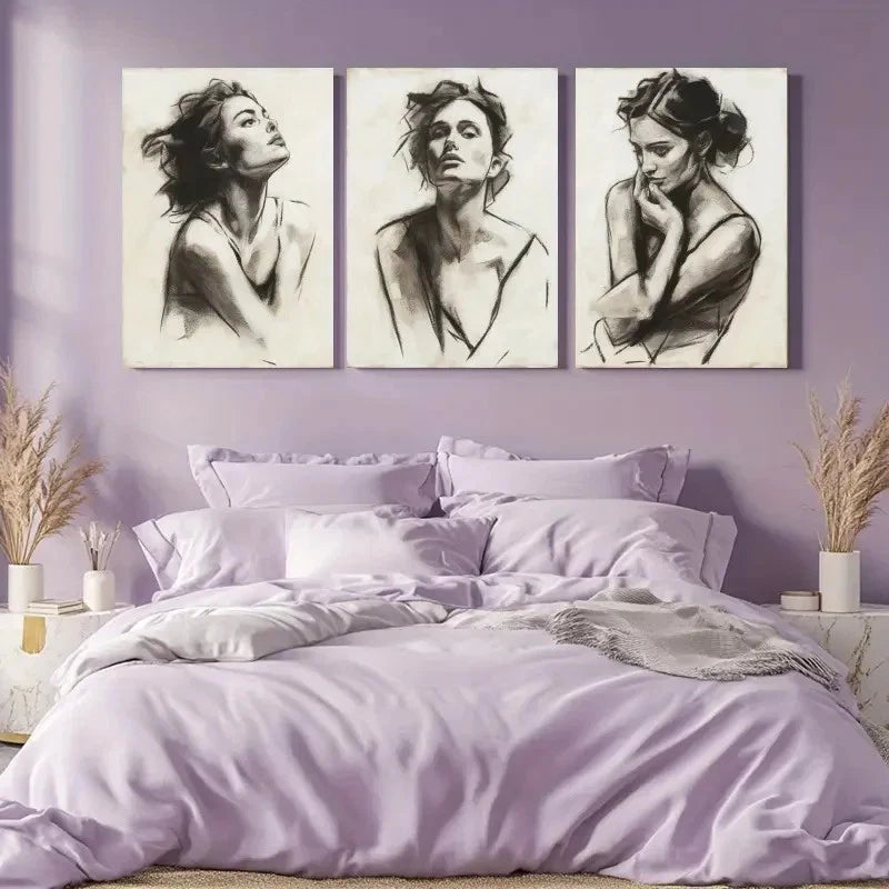 3pcs Figure Sketch, Charcoal Drawing  Wall Art Set Canvas Framed 60x90cm - High Quality Print 100% Australian Made Wall Canvas Ready to Hang