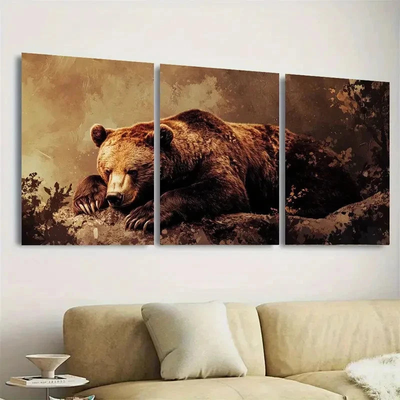 3pcs Vintage Brown Bear Wall Art Set Canvas Framed 40x60cm - High Quality Print 100% Australian Made Wall Canvas Ready to Hang